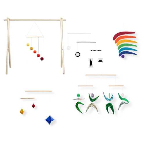 Set of 5 x Montessori mobile with gym / crib arm / wall mount - Munari, Gobbi, Dancers, Octahedron, Rainbow, Nursery mobile, giostrine