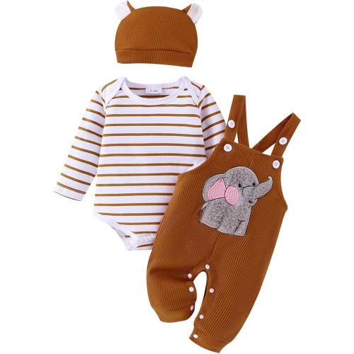 Baby Boy Clothes Newborn Striped Romper Fall Outfits + Infant Cartoon Suspender Overall + Cute Hat 3 Pcs 0-12 Months