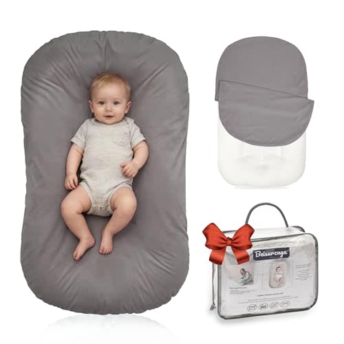 Beisurznga Baby Lounger for Newborn - Snuggle Cozy Me Lounger | Breathable Soft Cotton, 0-24 Months Portable Playtime Baby Nest, Newborn Baby Essentials Gifts- Grey (1 Lounger + 1 Cover)