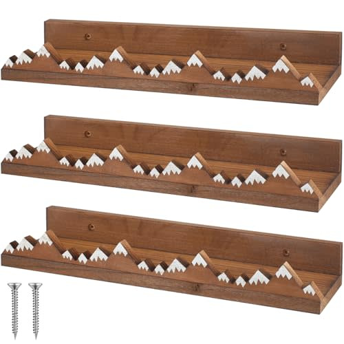 Wenqik 3 Pcs Snow Mountain Floating Shelves Wood Nursery Book Shelves Nursery Floating Shelves Wall Mounted Rustic Wooden Picture Ledge Shelf Floating Book Shelves for Kids Room (Dark Brown)