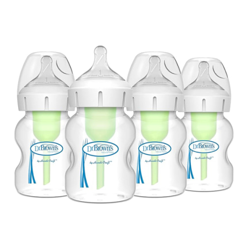 Dr. Brown's Natural Flow Anti-Colic Options+ Wide-Neck Baby Bottles 5 oz/150 mL,with Level 1 Slow Flow Nipple,4 Pack,0m+