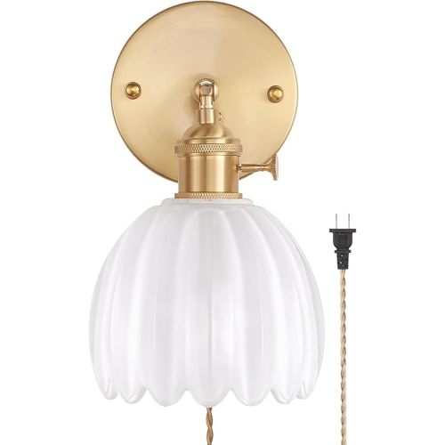 Plug in Wall Sconce, White Tulip Glass Lampshade Wall Light Plugin Corded for Bedside Bedroom Doorway
