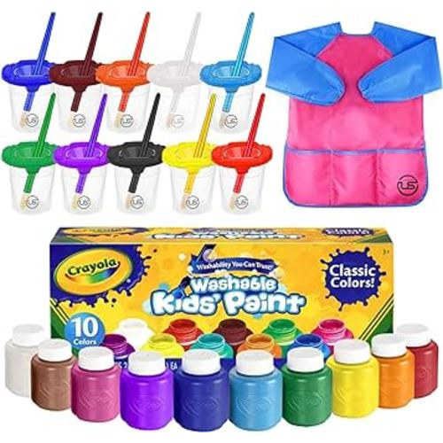 Kids Painting Set, Washable Paint for Kids with Paint Cups, Toddler Paintbrushes, Waterproof Kid Smock, Non Toxic Washable Finger Paints 2 oz Each, Gifting Bundle Toddler Painting Supplies