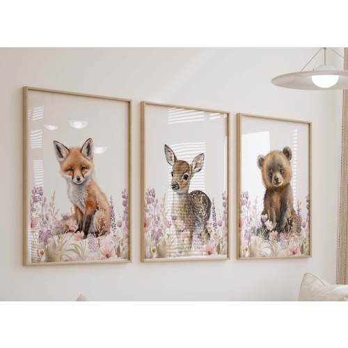 Floral Woodland Watercolor Prints, Girl Animal Nursery Wall Art, Girl's Room Decor, Set of 3 Art Prints Shipped, 276