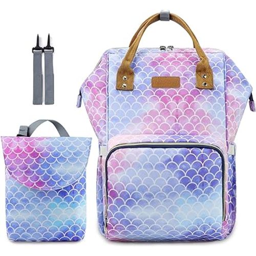Rainbow Diaper Bag Backpack Set for Baby Girls Mom, Large Capacity Multi-Function Nappy Bags Organizer (Mermaid)
