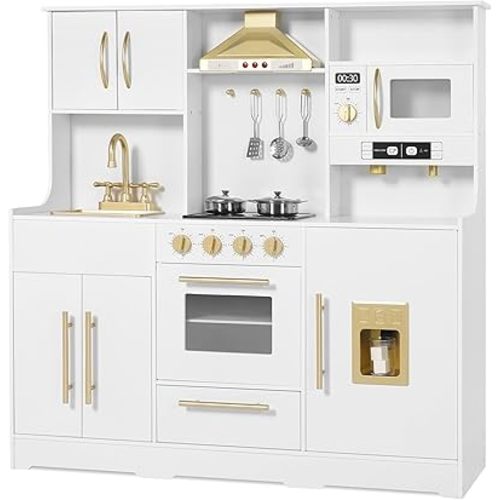 Kids Kitchen Playset, Wooden Play Kitchen with Toy Storage System, Pretend Play Kitchen Set Toy with Range Hood, Ice Maker & Coffee Maker, for Kids Ages 3+, White