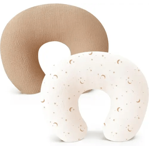 Konssy Muslin Nursing Pillow Covers, Soft and Cute Nursing Covers for Breastfeeding Pillows, Ideal for Newborn Baby Boys and Girls (Camel, Moon) - 2 Pack