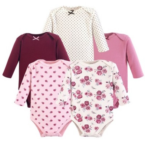 Hudson Baby Infant Girl Cotton Long-Sleeve Bodysuits 5pk, Rose, 0-3 Months