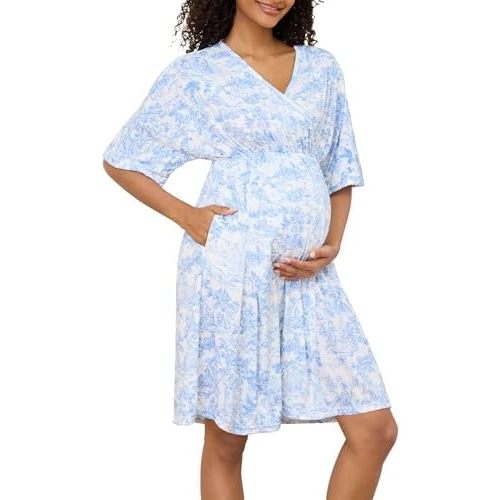 KIM S 3 in 1 Nursing/Lounging/Hospital Gown Maternity Nightgown with Elastic Waist and Blue Pattern Pregnancy-Clothes