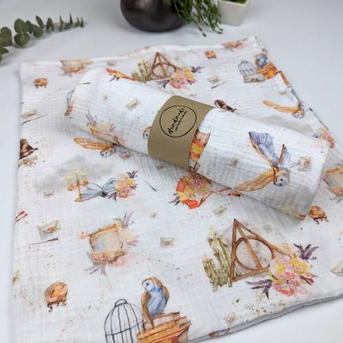 wizarding school baby blanket, little wizard muslin blanket, double gauze baby swaddle, summer baby blanket, organic cotton blanket