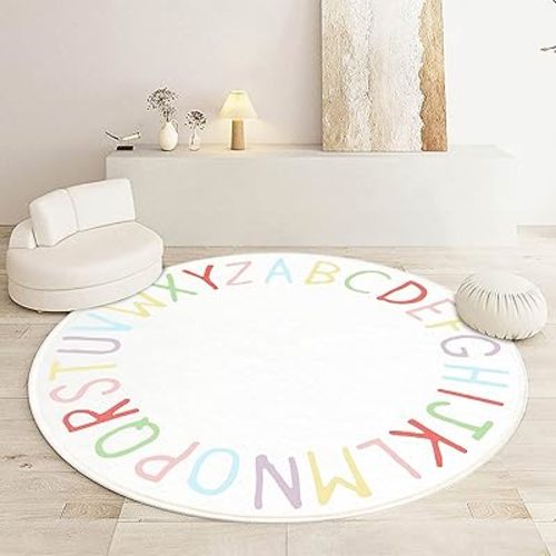 SHIPKEY Round Rug, Round Play Rug for Kids, Colored Alphabet Nursery Area Rug, Kids Bedroom Rug, Non-Slip Mat, Carpet for Living Room (5.3 feet)