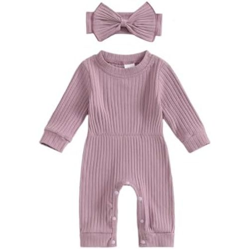 Winioder Newborn Baby Girl Fall Clothes Ribbed Long Sleeve Romper Jumpsuit with Headband Infant 2Pcs Coming Home Outfit