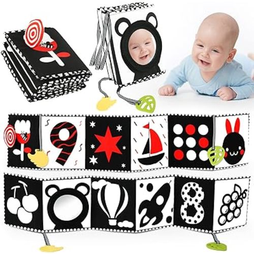 Black and White Baby Book Toys 0 3 6 12 Months Soft High Contrast Cards Sensory Toys Newborn Essentials Must Have Brain Development Tummy Time Mirror Toys Infant Crinkle Montessori Teething Toy Books - High Contrast Soft Book with Mirror