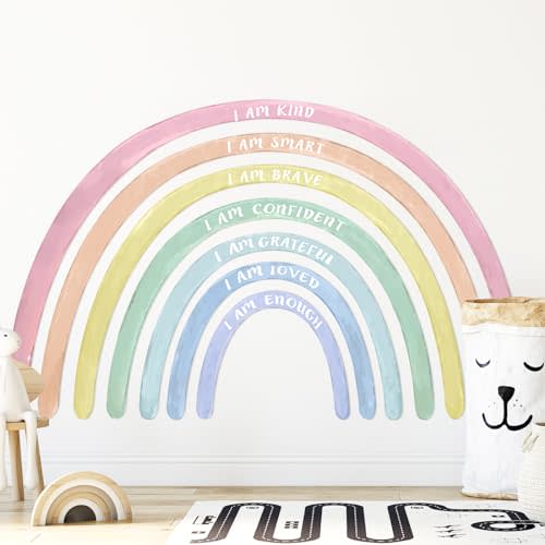 Tinideya 76.77x47.24'' Watercolor Large Rainbow Wall Decal with Inspirational Quote Peel and Stick Rainbow Wall Stickers Waterproof Decal for Girls Kids Bedroom Classroom Nursery Playroom(Pastel)