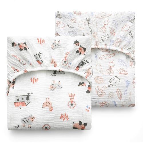 Momcozy Best Wishes Muslin Standard Fitted Crib Sheets, 52"x28", 2 Pack Soft Breathable Natural Cotton Baby Mattress Sheet, 360° Mattress Wrapping Boys Girls Neutral Toddler Bed Sheet, Farming Joy