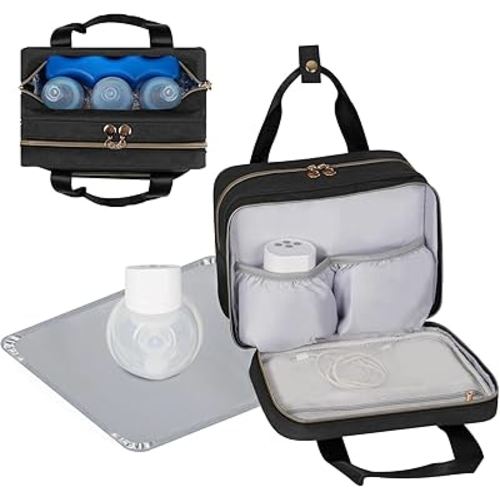 Wearable Breast Pump Bag with Insulated Breastmilk Cooler - Compatible with Momcozy/Willow/Elvie/Spectra/Medela, Portable Pumps Carrying Case with Waterproof Mat for Working Mom
