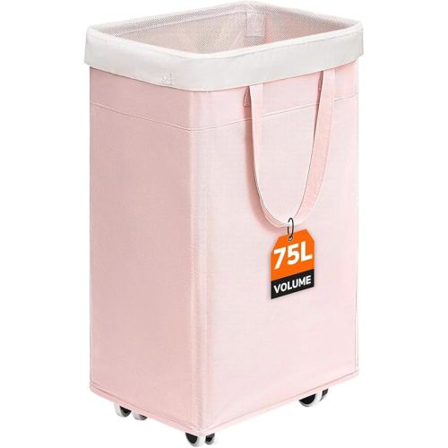 CHICVITA Slim Laundry Hamper with Wheels 75L, Collapsible Rolling Laundry Basket for Living Room, Pink Laundry Hamper for College Dorm
