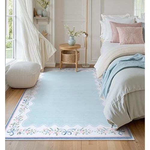 Seavish Blue Floral Rugs for Living Room, 5x7 Boho Area Rugs for Bedroom Aesthetic, Soft Washable Scalloped Nursery Rugs, Low Pile Non-Slip Farmhouse Rug for Entryway Kids Playroom Dining Room