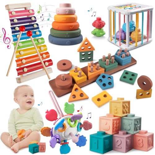 Montessori Baby Toys for 1+ Year Old - Sorting Stacking Learning Toys 6 to 12 Months, Wooden Building Blocks, Xylophone Musical, Infant Teethers Toys for Babies, 6 in 1 Toy Gifts for Toddlers