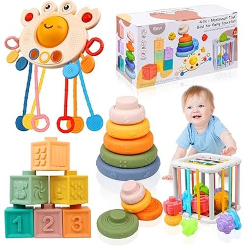 Montessori Toys for Babies 6-12 Months, 4 in 1 Montessori Baby Toys, Soft Baby Teething Toys, Stacking Building Blocks & Rings for Infants, Sensory Bin Toys