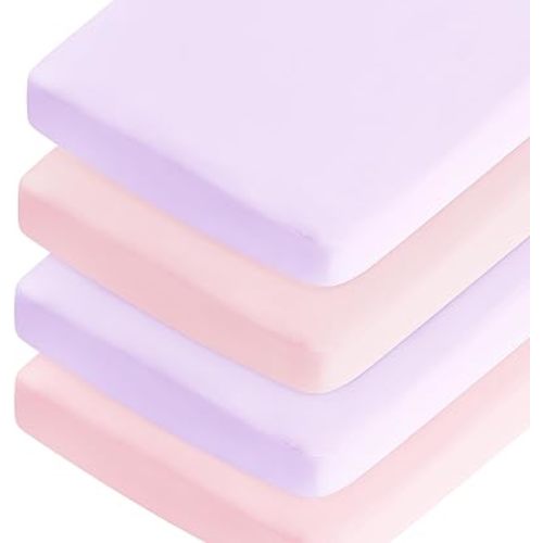 Crib Sheets Girl, 4 Pack Baby Sheets for Standard Crib Mattress & Toddler Bed Mattress, Snug Fit Breathable Soft Fitted Crib Sheet, Pink & Violet