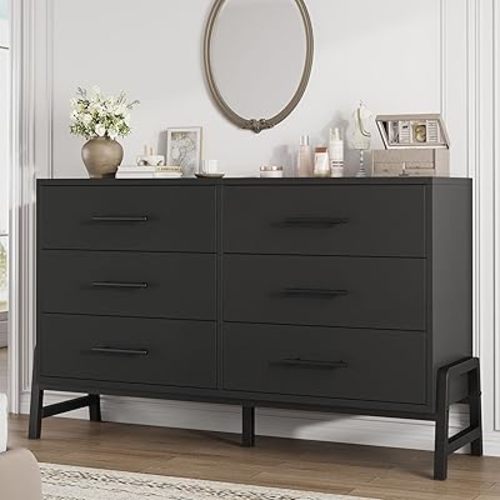 GarveeHome 6 Dresser for Bedroom, 52" Wide Drawer with Large Storage Space, Freestanding Wooden Closet Storage Dresser Chest for Living Room, Bedroom, Entryway, Black