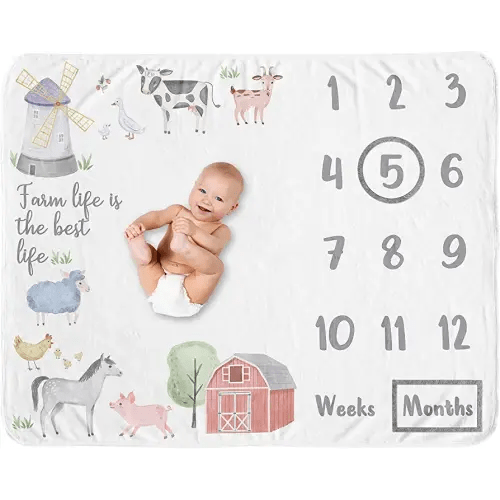 Sweet Jojo Designs Farm Animals Boy or Girl Milestone Blanket Monthly Newborn First Year Growth Mat Baby Shower Memory Keepsake Gift Picture - Watercolor Farmhouse Barn Horse Cow Sheep Pig Farm Life