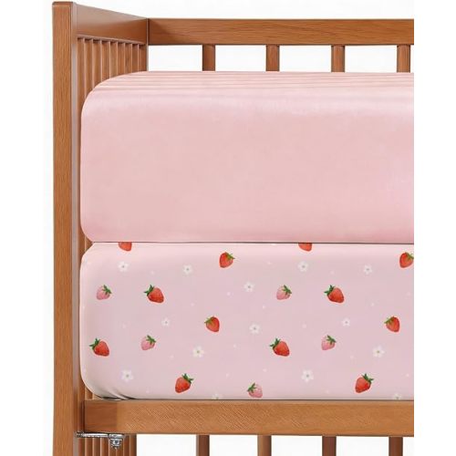 Baby Crib Sheets for Boys & Girls - Pack of 2 Fitted Microfiber Crib Sheets for Standard Crib & Toddler Mattress - Breathable & Wrinkle Free - Machine Washable - Oeko Tex - 52x28x8in - Strawberries