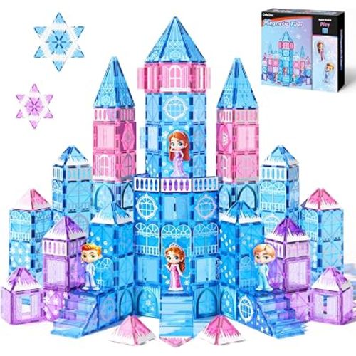 GobiDex 100PCS Magnetic Tiles Princess Castle with 4 Dolls & Stairs, Princess Magnetic Building Blocks for Kids Ages 3-5 4-8, Magnets Sensory Toddler Toys Birthday Gifts for 3+ Year Old Girls Boys