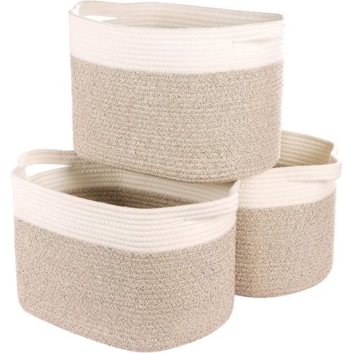 Kntiwiwo Storage Baskets for Organizing 14.7”x11”x9.6” Rope Storage Baskets for Shelves with Handles, Decorative Closet Baskets & Bins, Large Woven Baskets for Storage, White & Brown