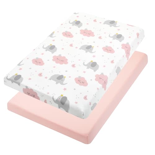 TILLYOU Mini Crib Fitted Sheets 2 Pack - Soft Jersey Knit Microfiber Playpen Bedding Sheet for Baby, Portable Mini Pack n Play Sheet, Machine Washable, 38'' x 24'', Elephants Clouds&Pink
