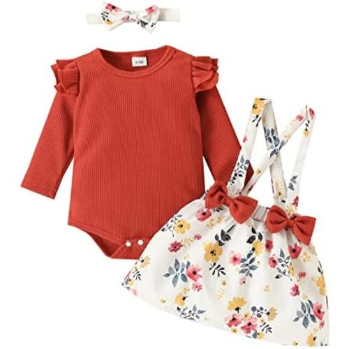 Trendy Baby Girl Fall Outfit Ruffle Long Sleeve Knit Blouse Pullover Top Mini Skirt with Headband