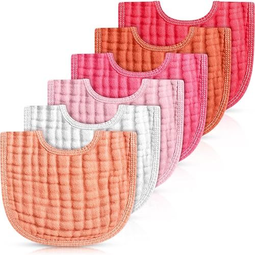 Frienda 6 Pcs Muslin Bibs Baby Burping Cloth Teething Bibs Bandana Bibs 6 Absorbent Layers Muslin Bibs for 6 Month+ Baby