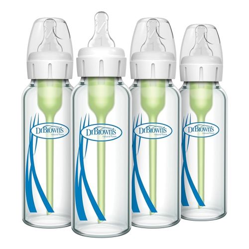Dr. Brown's Anti-Colic Options+ Narrow Glass Baby Bottle with Level 1 Slow Flow Nipple, BPA-Free, 8 oz/250 mL, 4-Pack