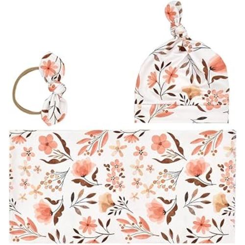 Newborn Swaddle Blanket Headband Hat Set Baby Girl Print Receiving Blanket New Born Hospital Outfit Infant Shower Gift 0-3 Months (Autumn Garden)