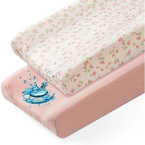 Basumee Muslin Changing Pad Cover Waterproof 2 Pack Baby Changing Table Covers for Boys and Girls Soft Breathable Nursery Diaper Change Table Cover Pad Fits 32"x16", Pink
