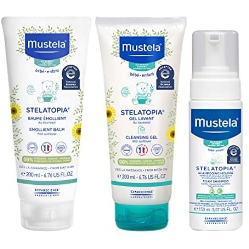 Mustela Stelatopia Eczema-Prone Skin Bath Time Gift Set - Baby Skin Care Essentials - with Natural Avocado & Sunflower Oil - 3 Items Set