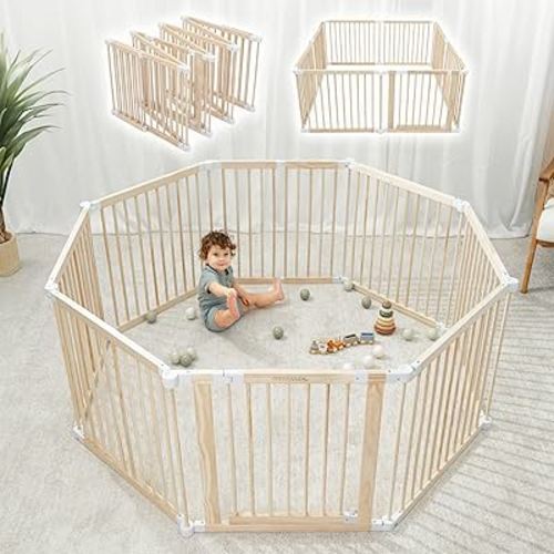 Comfy Cubs Baby Gate Playpen 57x57x25in - Foldable Playpen Light Wood White | Extends Up to 228”, Natural Pine Wood Baby Fence Play Area with Safe Child-Proof Lock - Easy Assembly, Foldable Baby Playpen