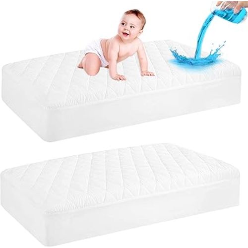 GRT 2 Pack Waterproof Crib Mattress Protector, Quilted Baby Mattress Cover Fitted Deep Pocket from 4" up to 9", Extra Soft Breathable & Noiseless Toddler Mattress Pad 52"x28", White