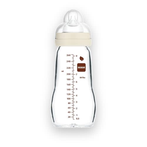 MAM Feel Good Medium Flow Premium Glass Baby Bottles, Easy Switch Between Breast and Bottle, 9oz, 0+ Months, Unisex, 1 Pack