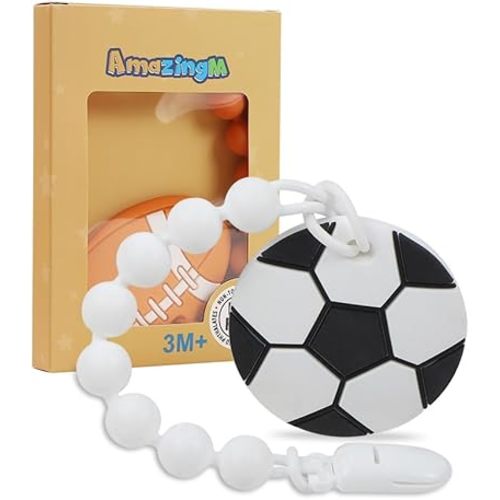 Baby Food Grade Silicone Sport Ball Teether Toy with One Piece Design Pacifier Clip Holder,Teething Pain Relief Toys Gift Set for 3 Months+ Boys and Girls,Freezer Safe,BPA Free. (Soccer)