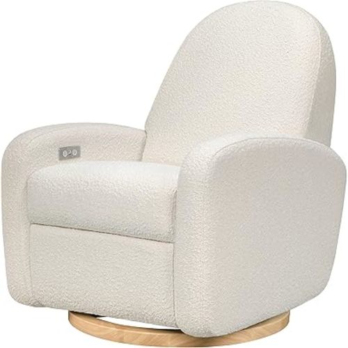 Babyletto Nami Electronic Power Recliner and Swivel Glider with USB Port in Ivory Boucle with Light Wood Base, Greenguard Gold and CertiPUR-US Certified