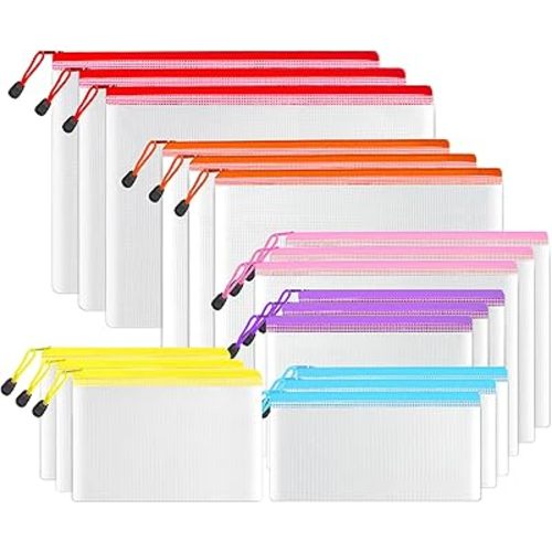 SUNEE Multisize Plastic Zipper Pouches (6 Colors, 18 Packs), Water-Resistant Zip Bag for School Office Supplies, Puzzles & Games Organizing Storage