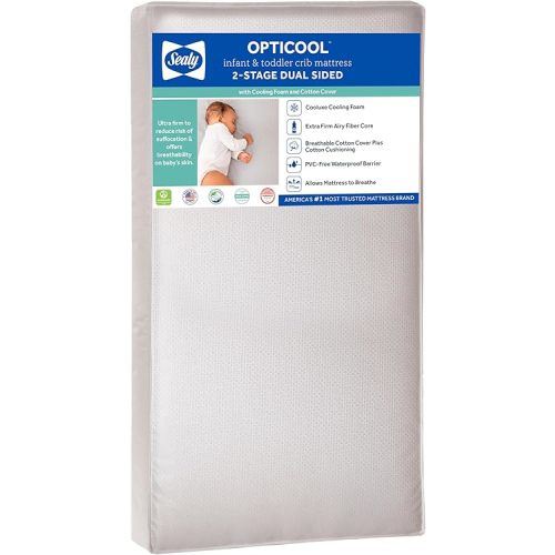 Sealy Baby OptiCool Breathable Crib Mattress, GREENGUARD GOLD Certified, Made in USA, Toddler Bed Fit, 2 Stage Cooling Memory Foam, Non Toxic, Airy Cotton Cover, Safety & Quality Tested, 52x28"