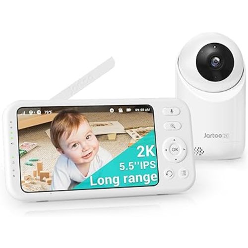 Jartoo 2K Video Baby Monitor with Camera and Audio, Long Range Baby Monitor No WiFi 5.5" FHD Screen ANC Baby Camera Wireless, Feeding Clock, Night Vision, 2-Way Talk, AI Cry Detect, 6000mAh