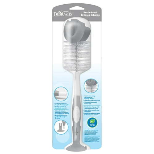 Dr. Brown's Baby Bottle Cleaning Brush, Bristle/Sponge Scrubber, Nipple Cleaner, Suction Cup Stand, Gray, 1 Pack