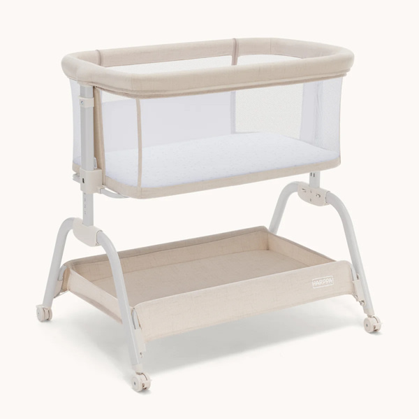 HARPPA Cuddly Lite Bassinet, 2 in 1 Baby Bassinet with Breathable Mesh and Mattress, 6 Height Adjustable, Bedside Sleeper with Anchor Strap, Storage Basket and Wheels, Sand Cream
