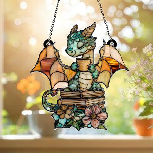 Cute Dragon Acrylic Window Hanging – Stained Glass Style Baby Dragon with Books & Flowers – Fantasy Suncatcher Gift for Book Lovers, Kids, Fantasy Fans, Nursery or Home Décor (Sun-8)