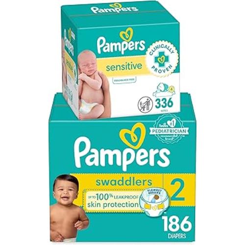 Diapers Size 2, 186 Count and Baby Wipes - Pampers Swaddlers Disposable Baby Diapers and Water Baby Wipes Sensitive Pop-Top Packs, 336 Count (Packaging May Vary)