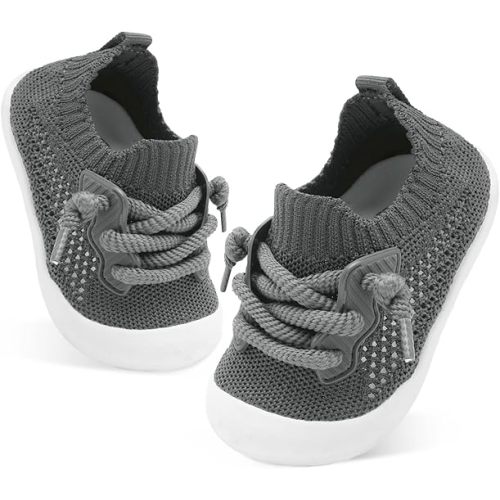 BARERUN Baby Shoes Baby First Walking Shoes Infant Sneakers Wide Toe Box Slip on Shoes Soft Sole Baby Boys Girls Crib Shoes Toddler Breathable Lightweight House Sock Shoes - 18-24 Months Infant - Dark Grey